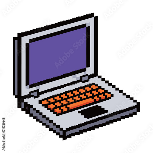 A classic pixel art illustration of a laptop computer with an orange keyboard and purple screen, rendered in a nostalgic 8-bit aesthetic, symbolizing retro technology and digital communication.