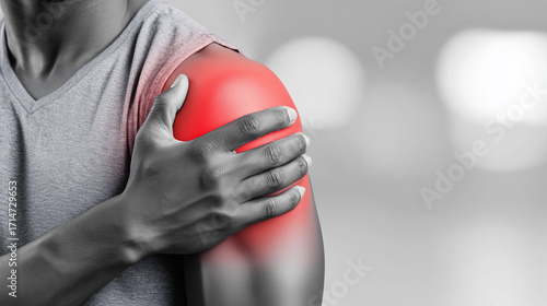 Man holding shoulder with highlighted red pain area indicating injury or inflammation.