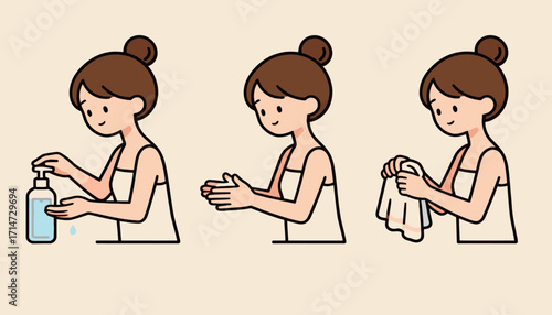 A simple, step-by-step cartoon illustration of a woman washing her hands, showcasing proper hygiene practices with a bottle of soap, ideal for health and wellness guides.
