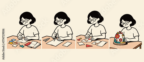 A simple, step-by-step cartoon illustration of a person doing paper crafts, showing the process of cutting and gluing shapes to create a decorative art piece, ideal for hobby and creative themes.