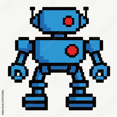 A classic pixelated robot in a bold blue color with red accents, rendered in a retro 8-bit style, symbolizing technology, artificial intelligence, and the future with a nostalgic gaming feel.