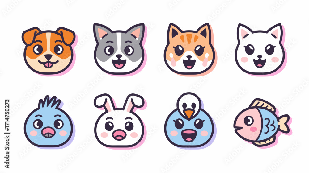 Obraz premium Cute pastel pet emoji pack with expressive animal heads – Perfect for social media stickers, branding, or mobile app design