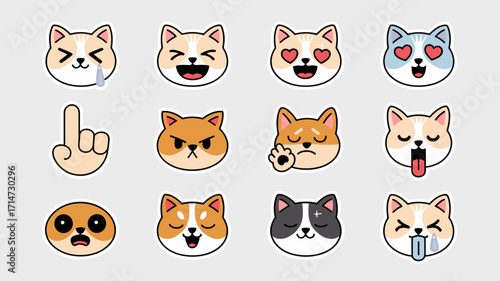 Cat and dog emoji sticker set with expressive faces – Perfect for chat apps, branding, or pet lifestyle promotions