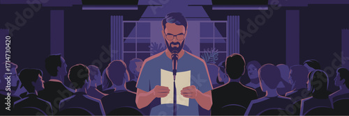Flat vector illustration of man reading poem at open mic event – Ideal for creative campaigns, community branding, or cultural projects