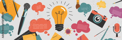 Vector illustration of creative brainstorming with icons and thought bubbles – Perfect for creativity branding, teamwork content, or innovation media