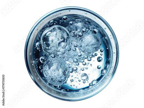 Top view of spherical ice in a clear carbonated drink with bubbles spheres beverage isolated on a transparent background
