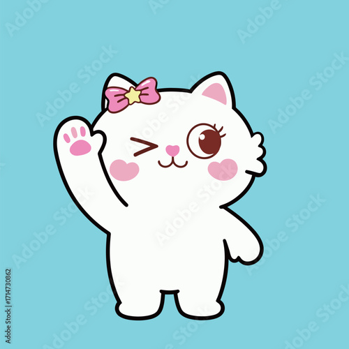 Cute white cat character with a pink bow and star, winking and waving. Hand-drawn vector illustration.