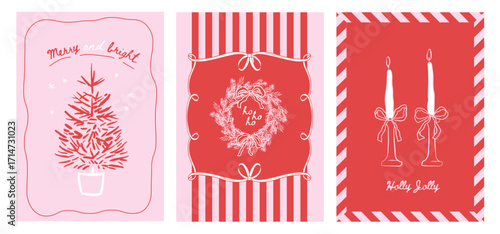 Set of hand drawn Merry Christmas cards in trendy coquette style. Girly winter posters. Wreath, fir tree, candles with Bows, ribbons, festive elements, frames. Whimsical vector sketch illustrations