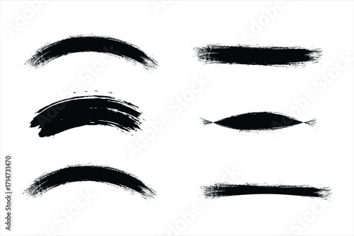 Collection of curved black paint brush strokes with grunge textured edges, abstract hand drawn ink brush arc design elements for vector illustration, poster, banner, and background decoration
