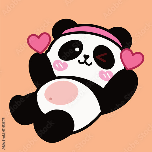 Cute panda character winking and lying down, holding two pink heart shapes. Hand-drawn vector illustration.
