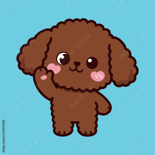 Cute cartoon poodle character with fluffy fur and pink cheeks, waving. Hand-drawn vector illustration.