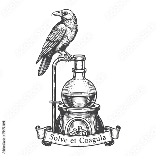 Solve et Coagula Raven Alchemical Flask Engraving