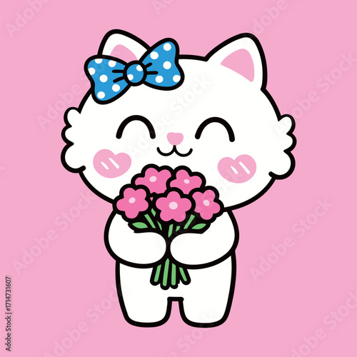 Adorable white cat character with a happy smile and big cheeks, holding a bouquet of pink flowers. Vector illustration.