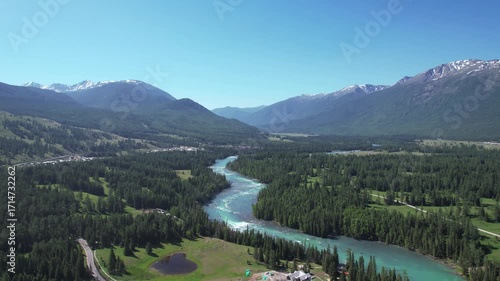 Aerial View of Kanas River Valley in Xinjiang China - Mountain Landscape with Turquoise Waters and Forest