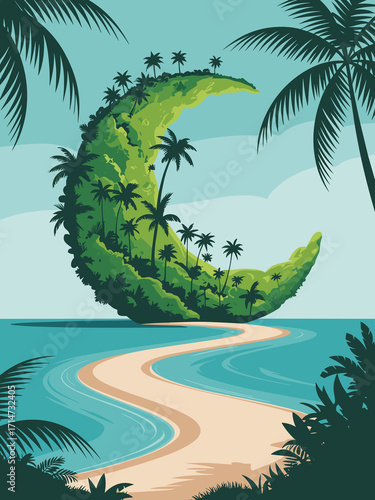 Tropical island in crescent moon shape – artistic illustration