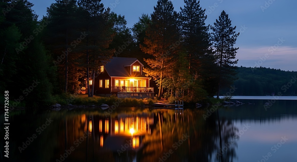 Fototapeta premium Cozy Lakeside Cabin Illuminated at Dusk with Water Reflections