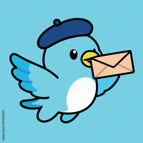 Cute blue cartoon bird character wearing a beret, flying and carrying an envelope. Hand-drawn vector illustration.