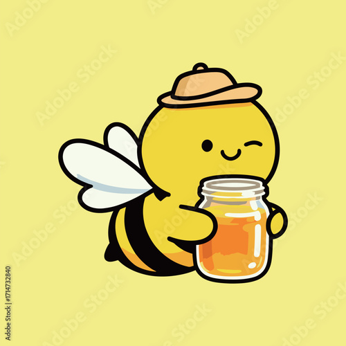 A cute cartoon bee wearing a hat and winking, holding a jar of honey, with a sweet and happy expression.