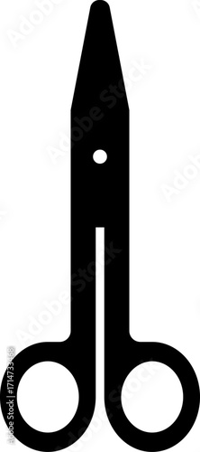 Black silhouette icon of surgical scissors with closed blades and circular handles. Flat, minimal design for surgery apps, operating room visuals, and medical infographics.