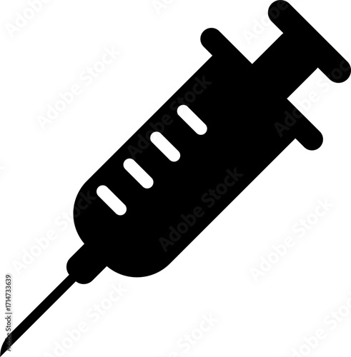 Black silhouette icon of a syringe with barrel, plunger, and needle. Flat, minimal design for surgical apps, vaccination visuals, and medical infographics.