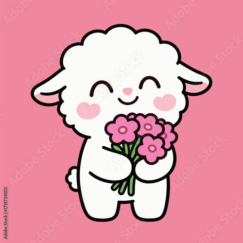 A cute cartoon sheep with a happy smile and fluffy white wool, holding a small bouquet of pink flowers, on a light pink background.