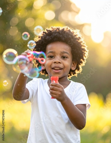 A child playing with soap bubbles outdoors, sunlight reflecting on the bubbles, blurred green park background.