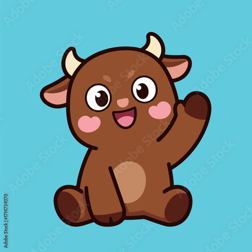 A cute cartoon brown bull or cow with small horns and a happy smile, sitting and waving with its hand, on a vibrant blue background.