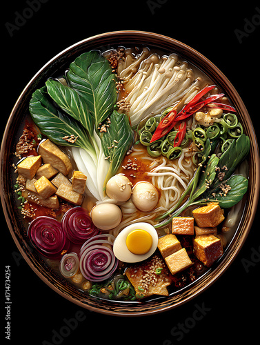 A bowl of ramen with a variety of side dishes and rich soup