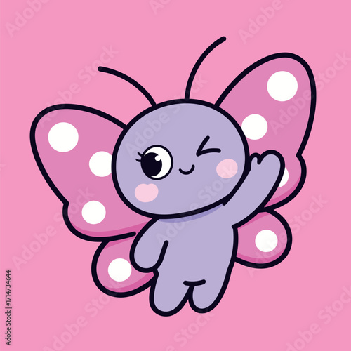 A cute cartoon butterfly with a purple body and pink wings with white spots, winking and waving a friendly hand on a pink background.
