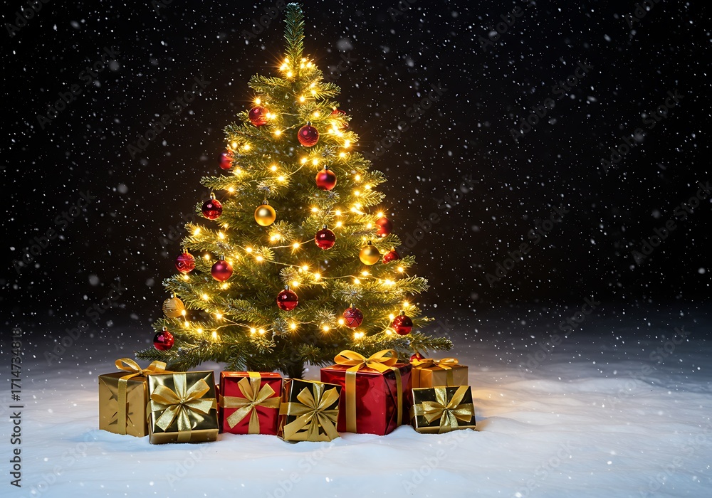 Obraz premium Christmas tree with lights and gifts in the snow.