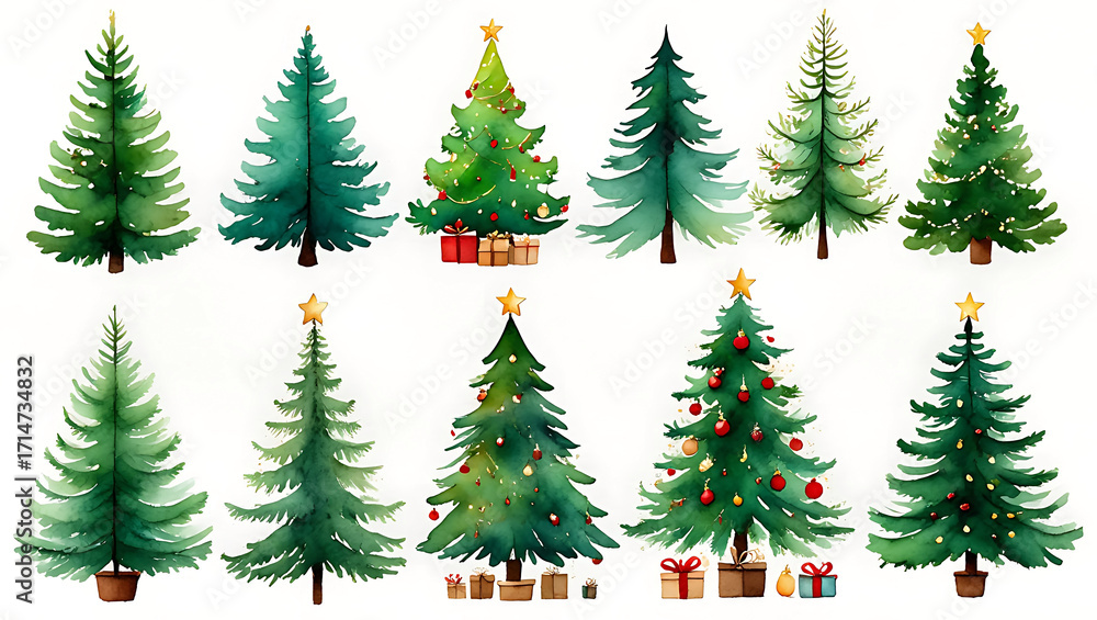 Fototapeta premium Watercolor Christmas Tree Collection Festive Holiday Design Elements for Christmas Cards and Decorations with Star Toppers and Gift Box Accents