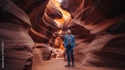 Woman Walks Through Slot Canyon Displaying Natural Red Rock Formations Arizona Landscape