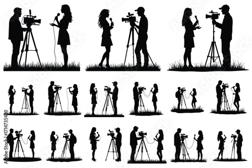 Silhouettes of reporters interviewing with cameras on tripods in grass