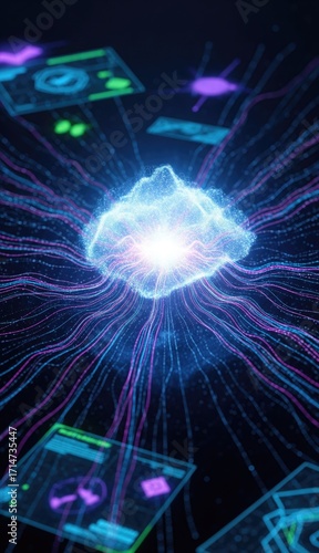 A glowing cloud is surrounded by vibrant blue and purple lines scattered with holographic displays
