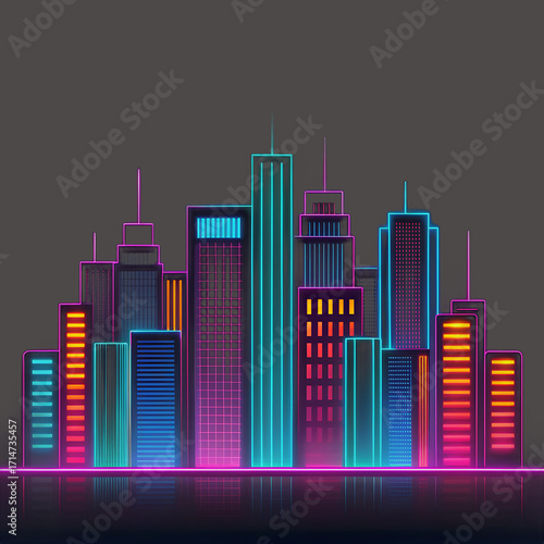 Abstract futuristic cityscape with vibrant neon lights and modern skyscrapers glow