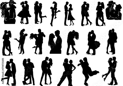 Collection of black silhouettes depicting romantic couples in various poses, showcasing love, affection, and intimate moments.