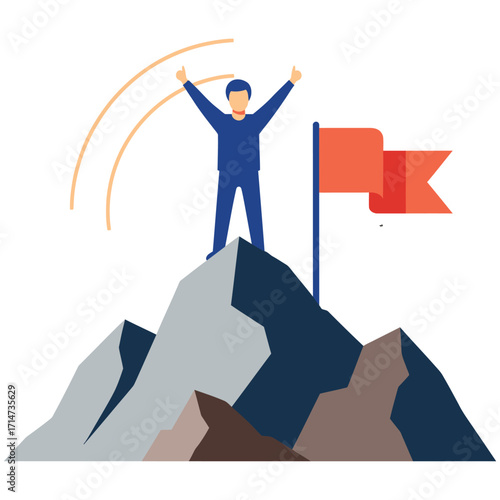 Man with arms raised on mountain peak next to orange flag summit vector