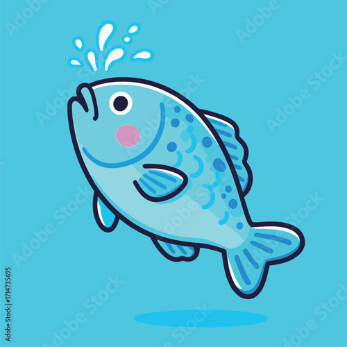 Cute cartoon blue fish jumping out of the water with a splash, in a cheerful and dynamic pose, in a simple vector illustration on a bright blue background.