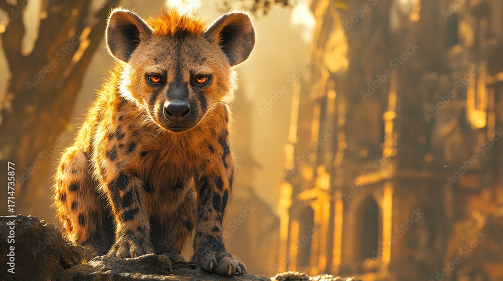 Obraz premium The scene is bathed in soft, ambient light, creating a stark contrast between the wild, untamed nature of the hyena and the ornate, historical architecture of the cathedral --ar 16:9 --stylize 750 --v