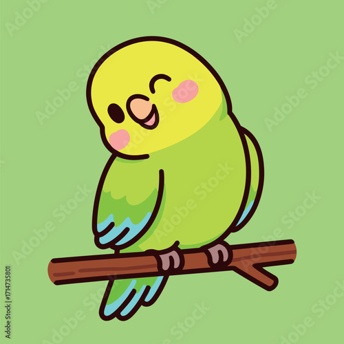 Cute cartoon parakeet perched on a branch, with a cheerful wink and a happy expression, in an adorable vector illustration on a green background.