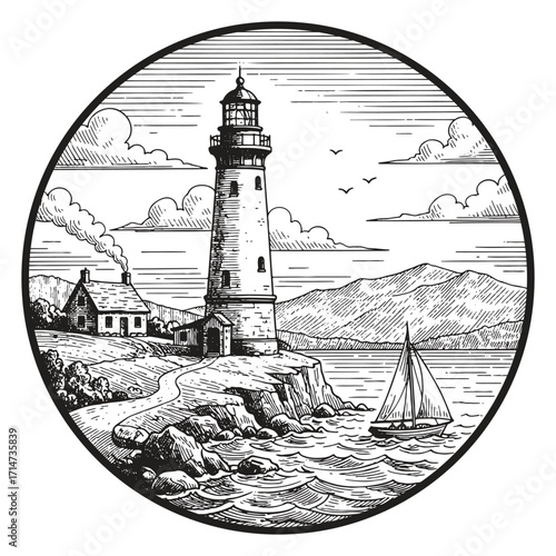 Vintage Lighthouse Coastal Scene Vector Illustration