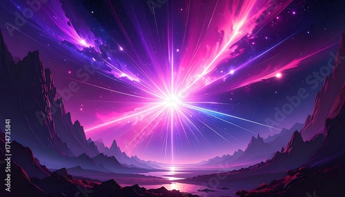 A vibrant scene showcases a celestial spectacle with radiant beams erupting from a central bright point, over a mountainous landscape