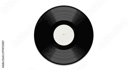 A black vinyl record, with a blank white label, is centered on a white background.
