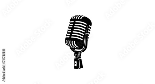 Black and white illustration of a classic microphone on a white background.
