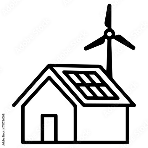 Minimal black silhouette of a house with solar roof and wind turbine, flat vector style, white background.
