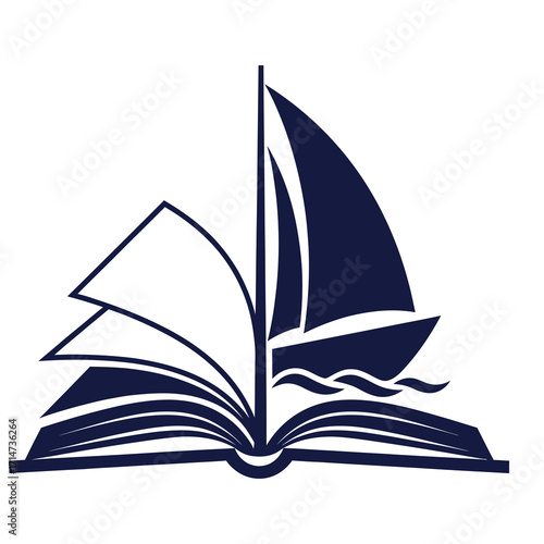 Open book transforms into dark blue sailboat sailing on white background pages ship