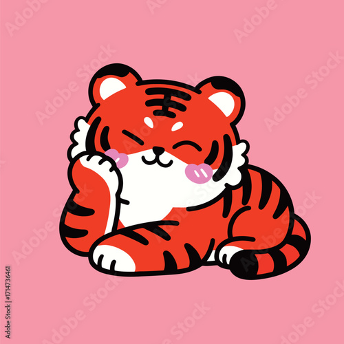 Adorable cartoon tiger lying down in a relaxed pose, with a sweet and happy expression, in a cozy vector illustration on a pink background.