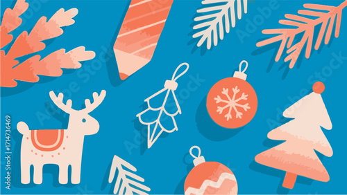 Illustrations depicting Scandinavian-style Christmas charms and accessories in a simple, minimalist style. Winter. December. New Year. Wreath. Charm. Ornament. Snowman. Present.
