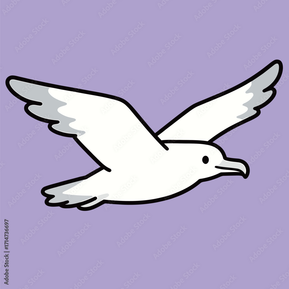 Obraz premium Cute cartoon white seagull in flight, with its wings spread against a light purple sky, in a simple and charming vector illustration.