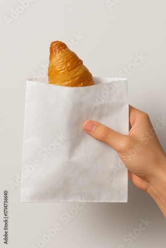 A hand holding a fresh golden croissant in a blank white paper bag on a gray background